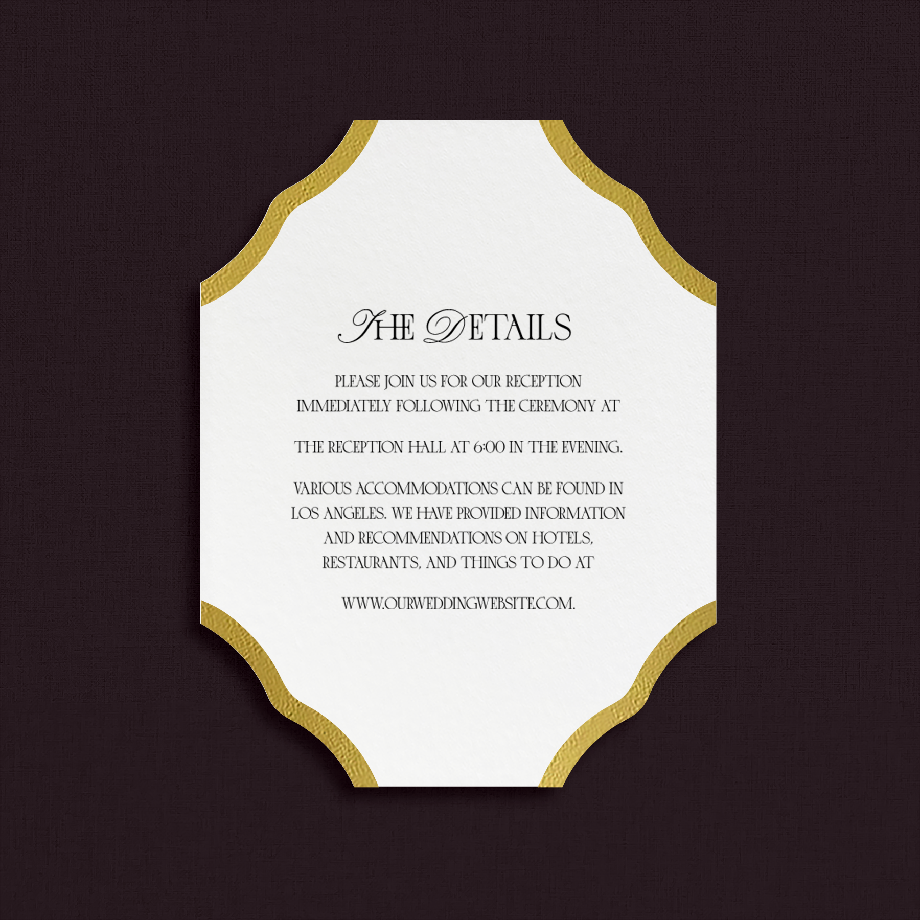 White, die cut Details card with gold foil accents
