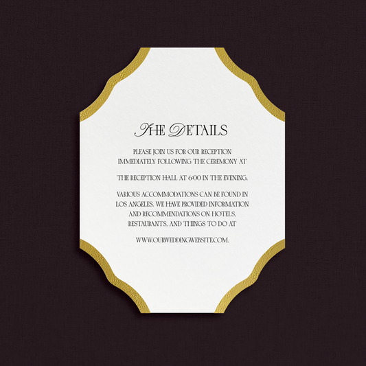 White, die cut Details card with gold foil accents