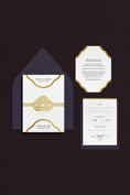 Load image into Gallery viewer, 5-piece wedding stationery set that has white gate-fold invitation, details card, and RSVP card, all with gold foil accents
