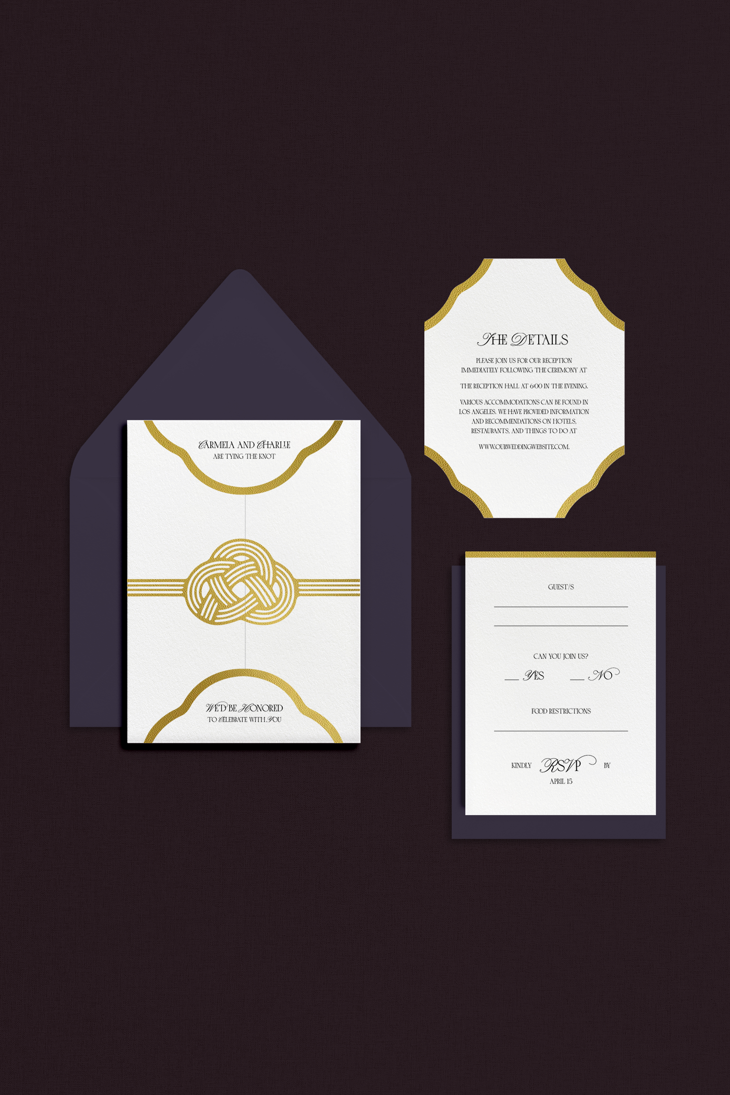 5-piece wedding stationery set that has white gate-fold invitation, details card, and RSVP card, all with gold foil accents