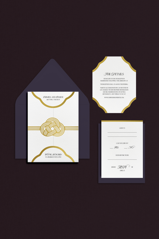 5-piece wedding stationery set that has white gate-fold invitation, details card, and RSVP card, all with gold foil accents