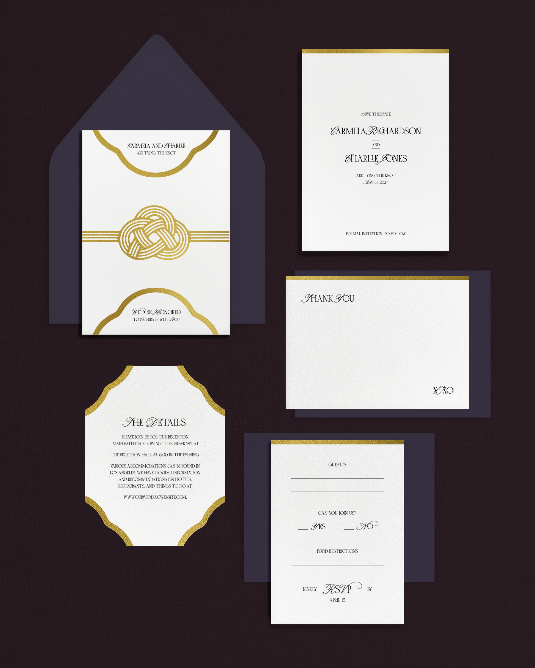 8-piece wedding stationery set that has white gate-fold invitation, save the date card, details card, thank you card, and RSVP card, all with gold foil accents
