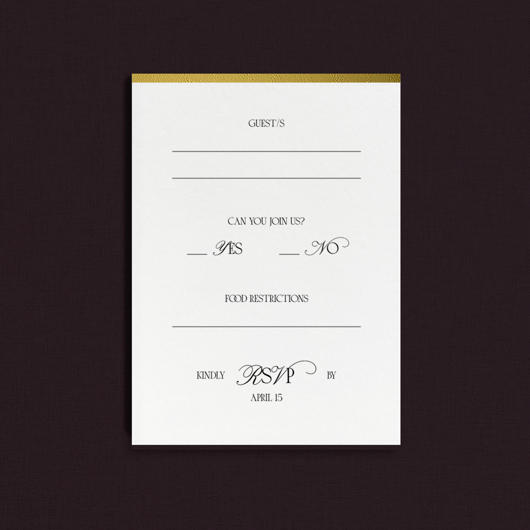 White RSVP card with gold foil accent