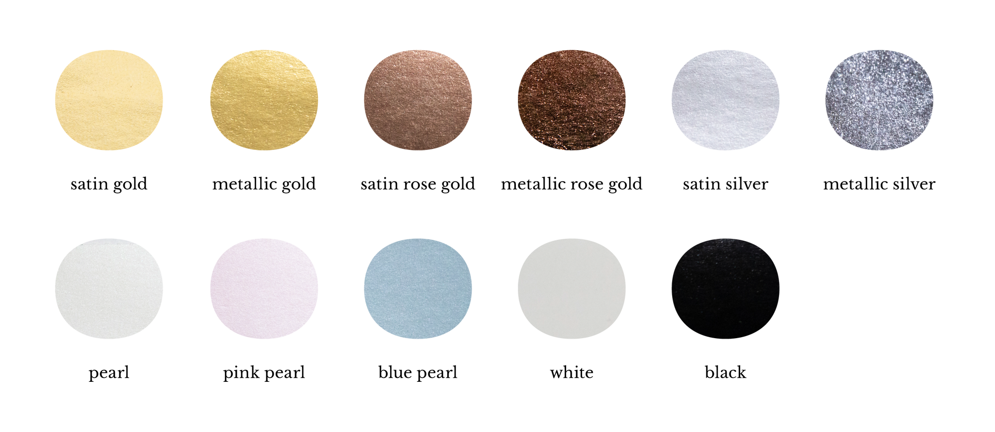 Eleven swatches of foil colors: satin gold, metallic gold, satin rose gold, metallic rose gold, satin silver, metallic silver, pearl, pink pearl, blue pearl, white, and black.