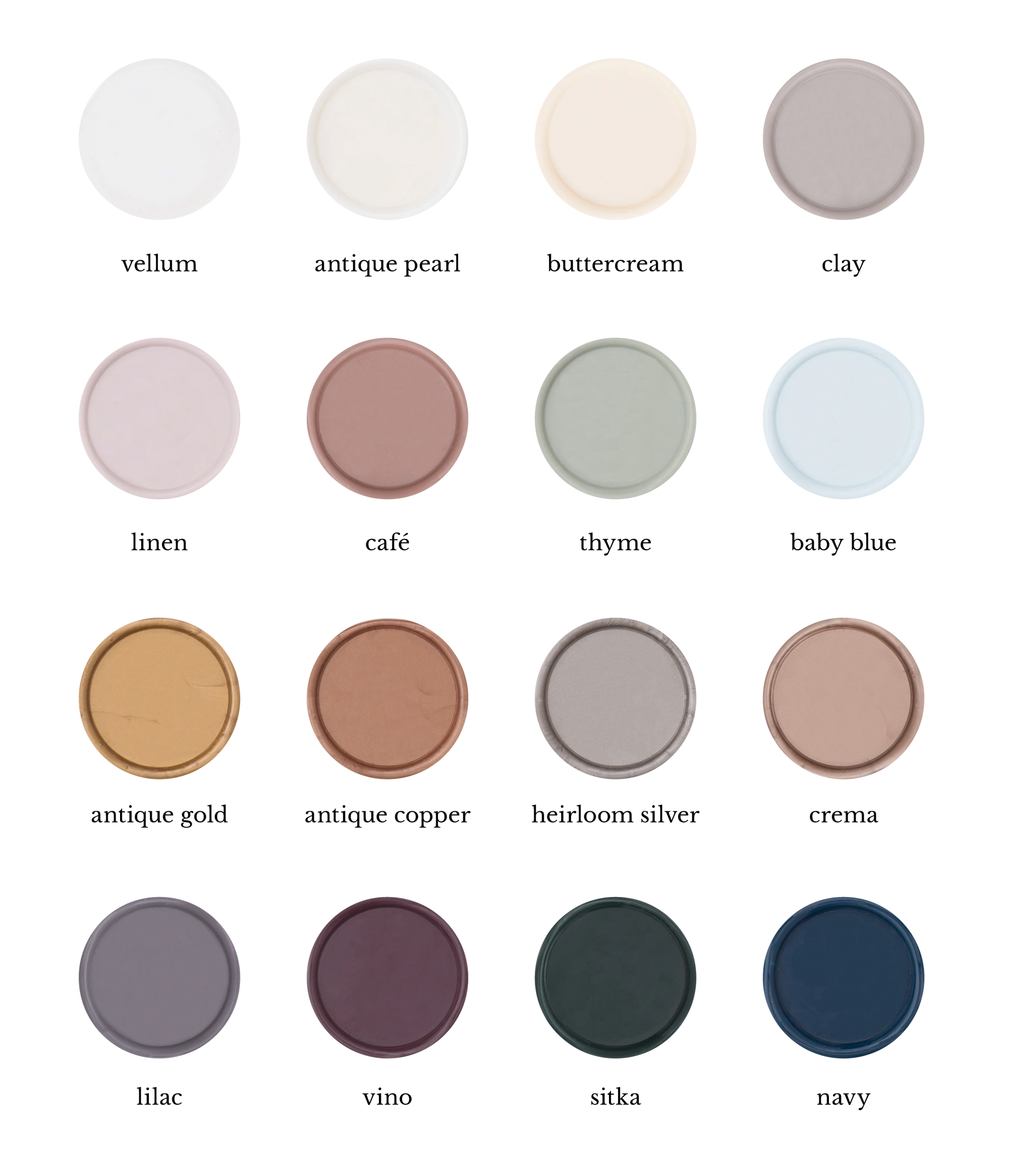 16 wax seal color options ranging from white to gold to dark blue